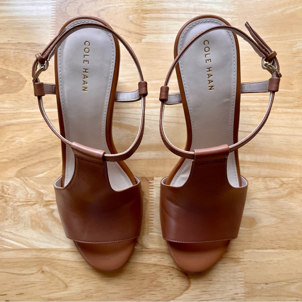 COLE HAAN Maddie Open Toe Tan Wedge Sandals, Pecan Leather, Size 8 - Picture 5 of 11